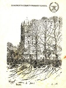 Cover of the booklet, showing an illustration of the church behind trees